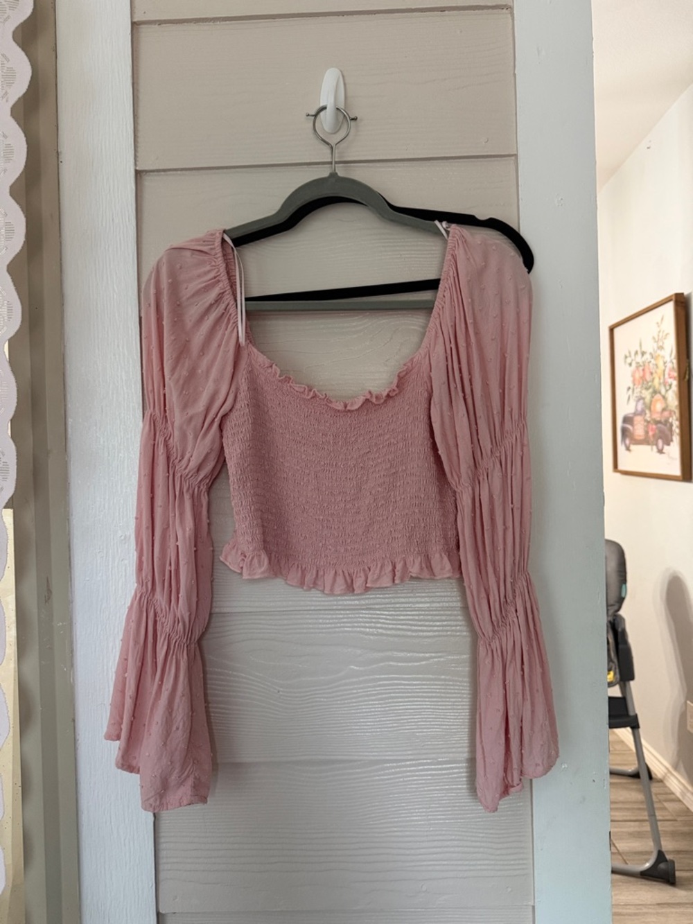 miami Blush Pink Ruffle Smocked Long-Sleeve Crop Top